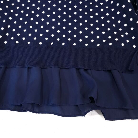 Navy Polka Dot Ruffle Sweater SzM 3/4 Sleeve Preppy Coastal Cottage Soft Stretch - Picture 10 of 13